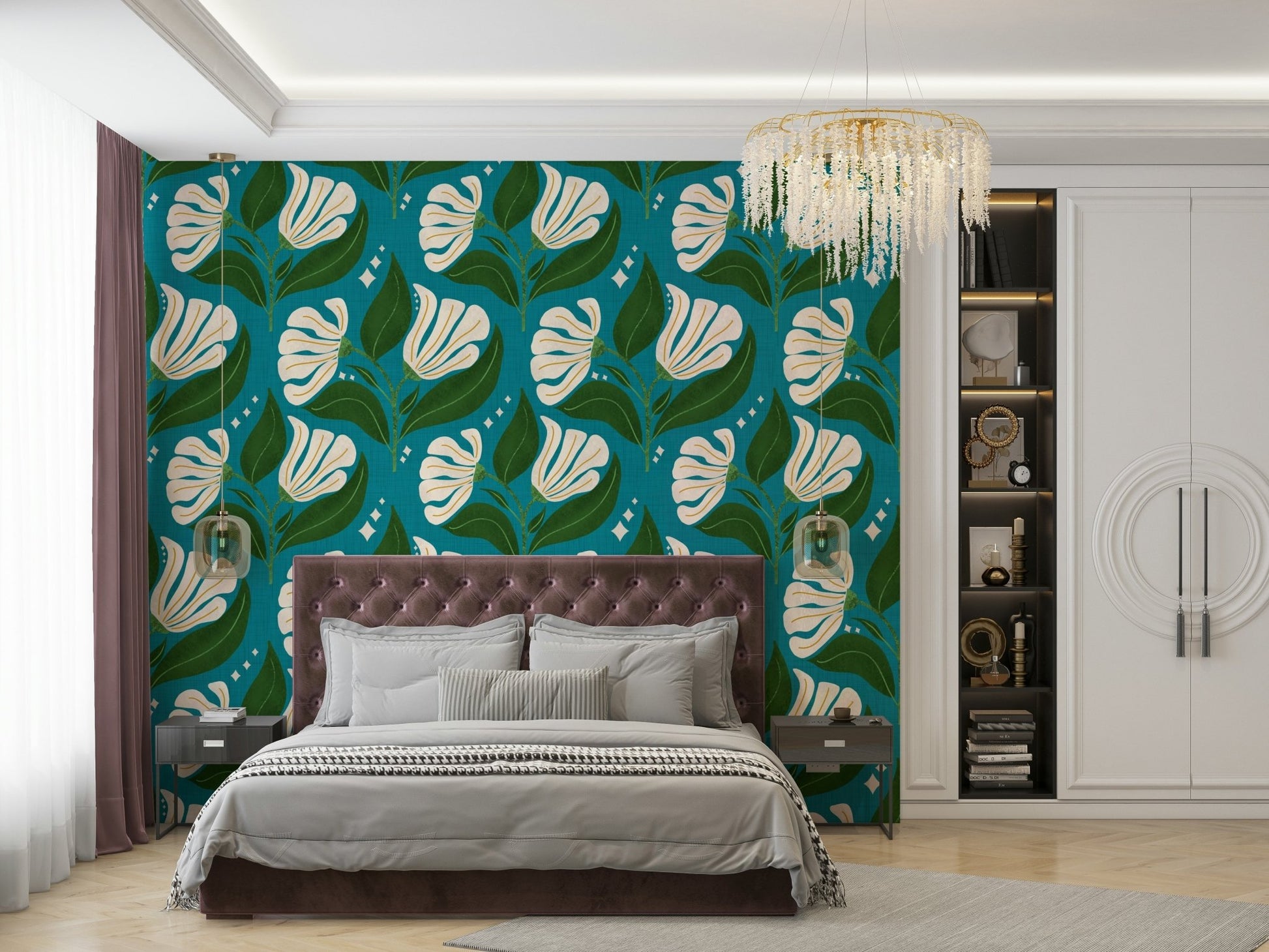 The color palette includes cream florals set against an avocado teal background.
