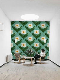 Features stylized daisy floral motifs.
