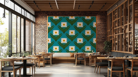 Features stylized daisy floral motifs.

