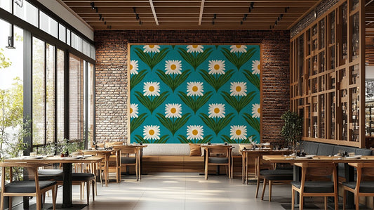 Features stylized daisy floral motifs.
