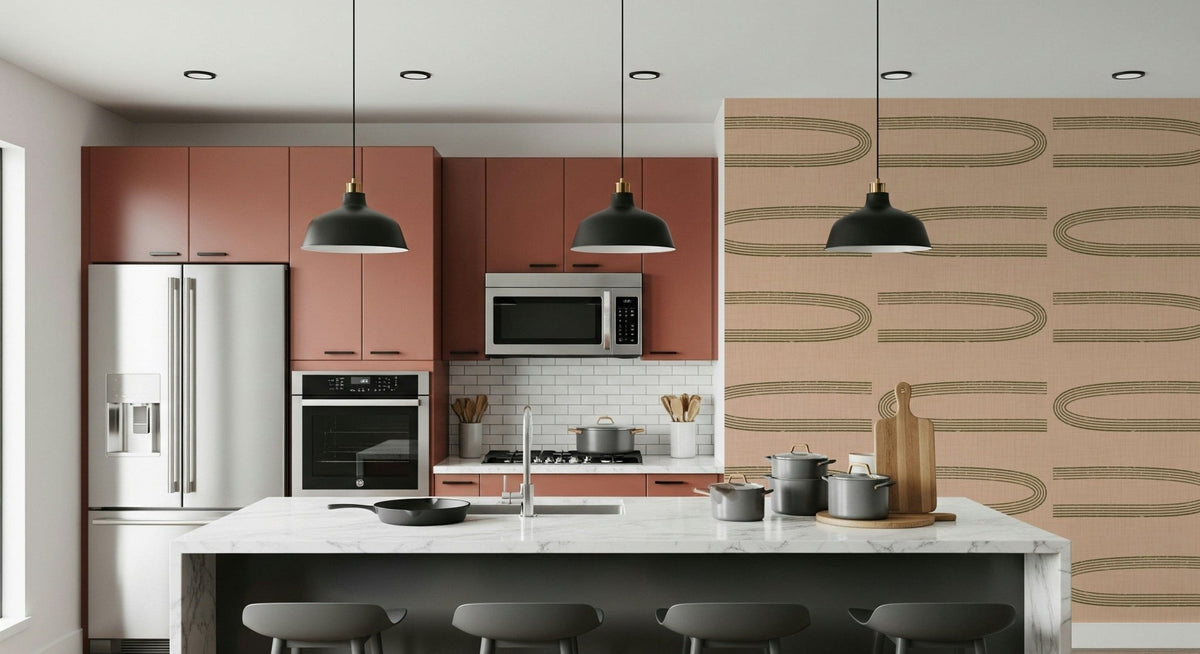A beautiful mid-century modern wallpaper mural with retro arch lines in sage and blush., GD5397