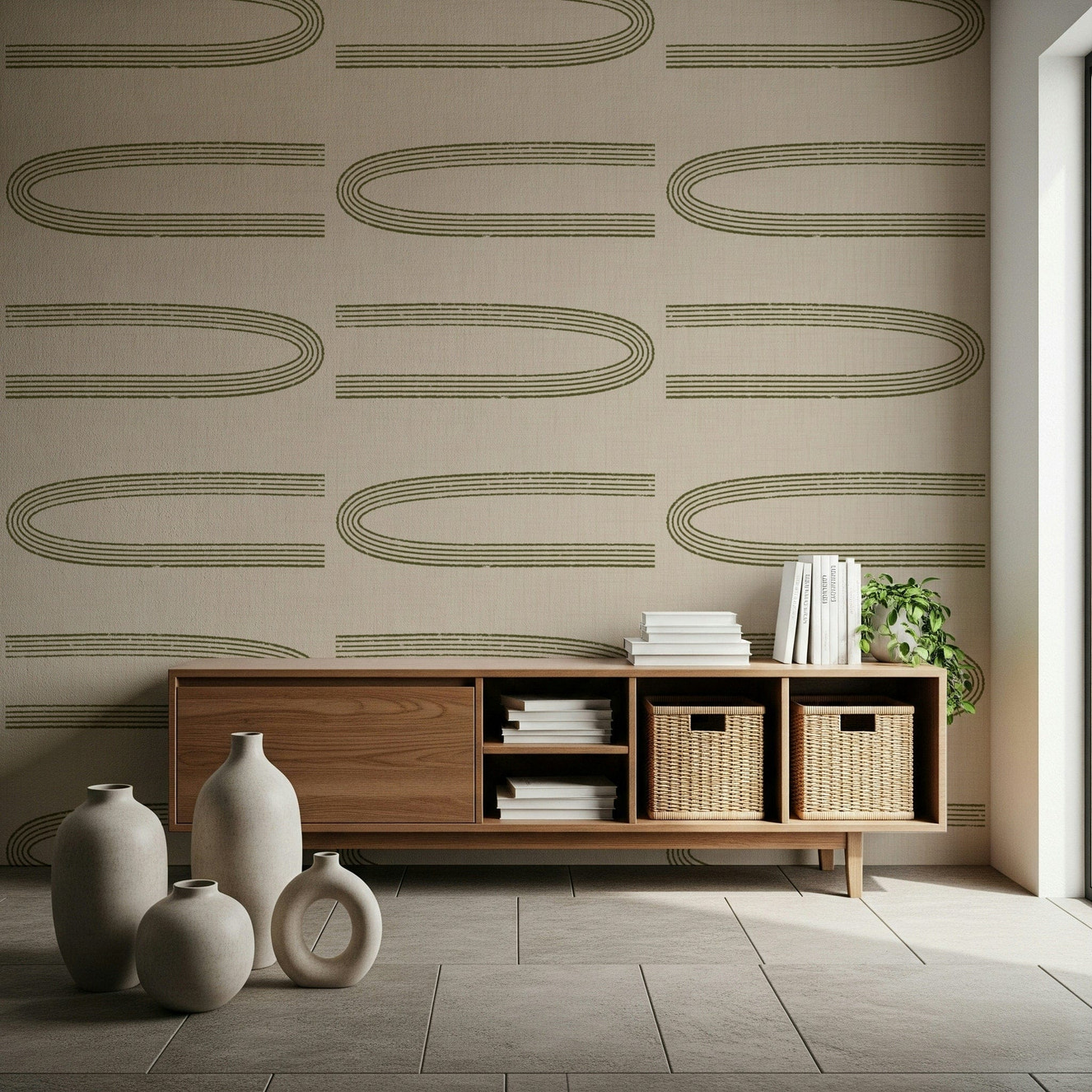A beautiful retro arc wallpaper mural with geometric shapes in sage and olive tones.
