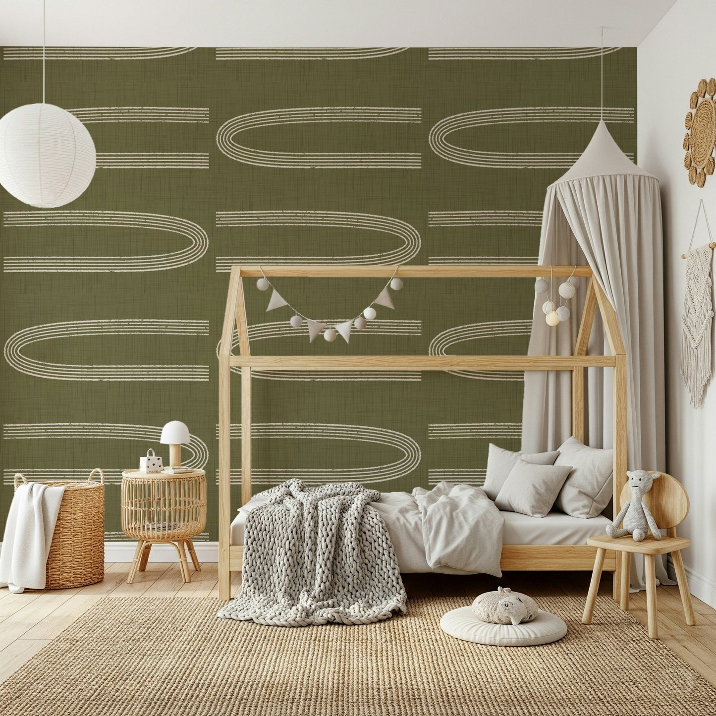 A beautiful retro arch lines wallpaper mural for a mid-century modern home.