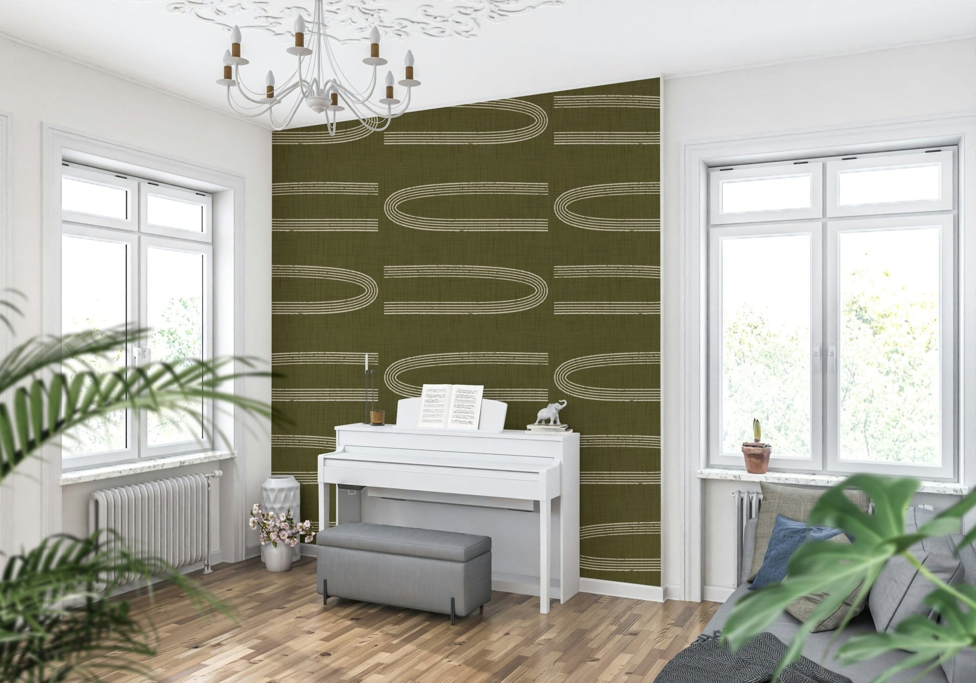 A peaceful modern abstract mural on decorative wallpaper.