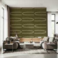 A serene abstract geometric wall mural in soft linen and olive tones.