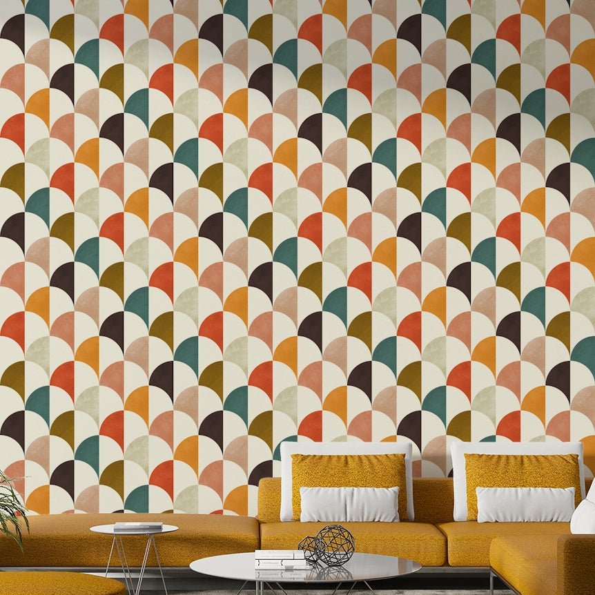 A detailed view of a wallpaper with a retro arch pattern.

