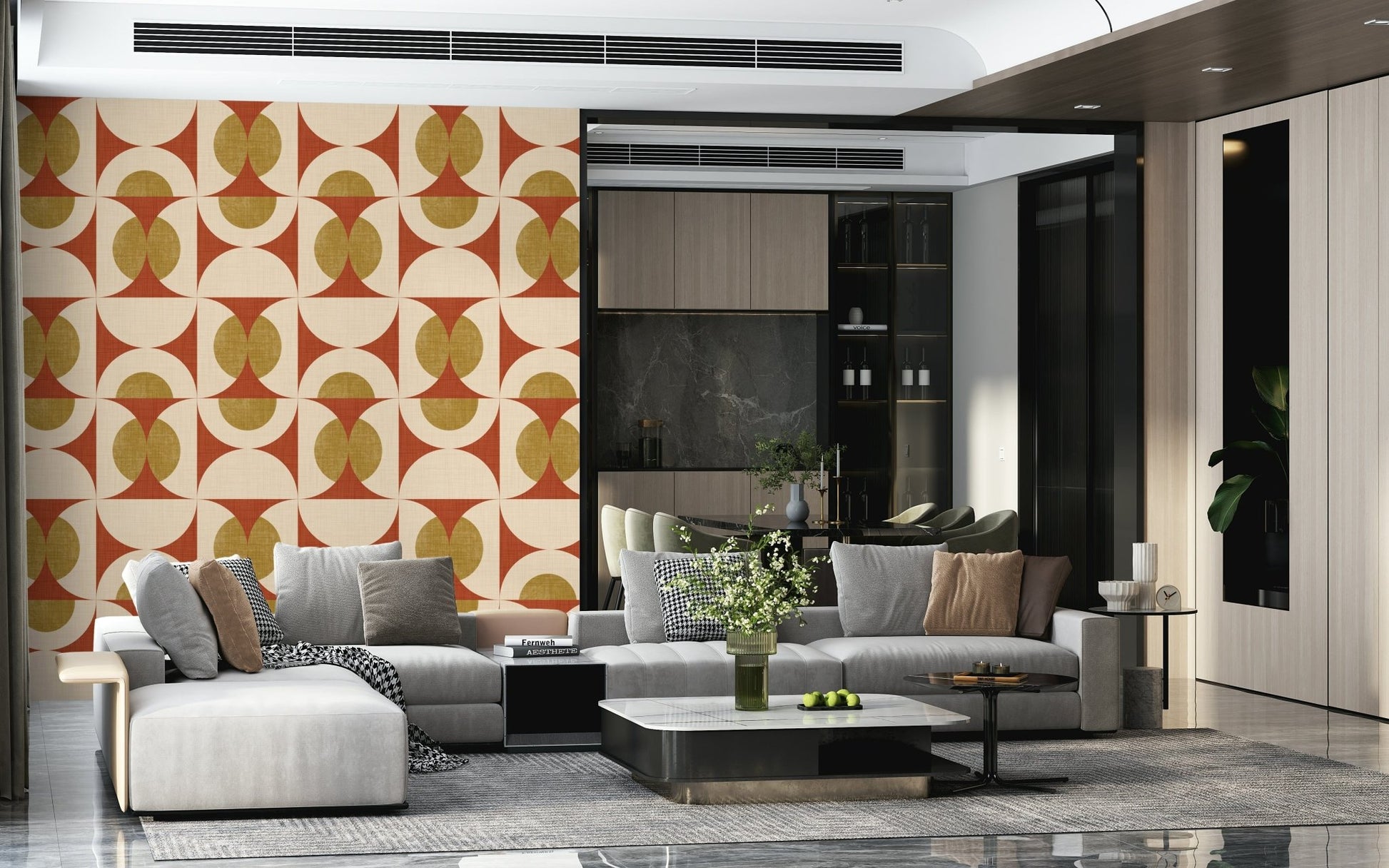 Bizarre mid-century wallpaper mural umber arcs, bisque linen pattern.