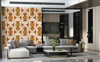 Bizarre mid-century wallpaper mural umber arcs, bisque linen pattern.