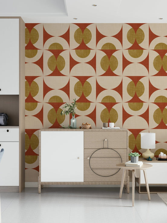 Jazzy Retro Arcs Wallpaper peel and stick: sunken disks, sienna fabric texture., GD6587