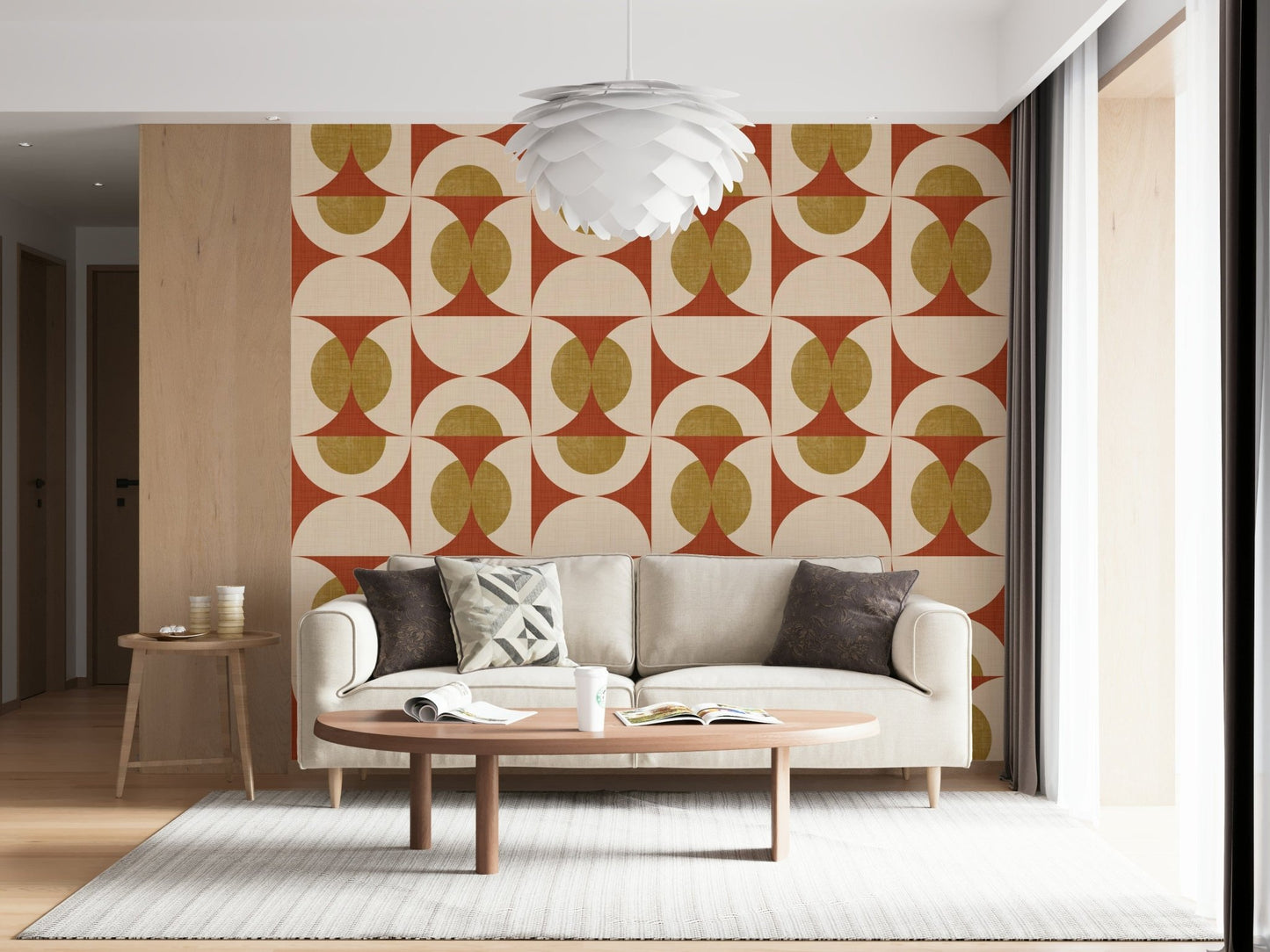 Outlandish peel and stick mural drab mustard, ferruginous background.