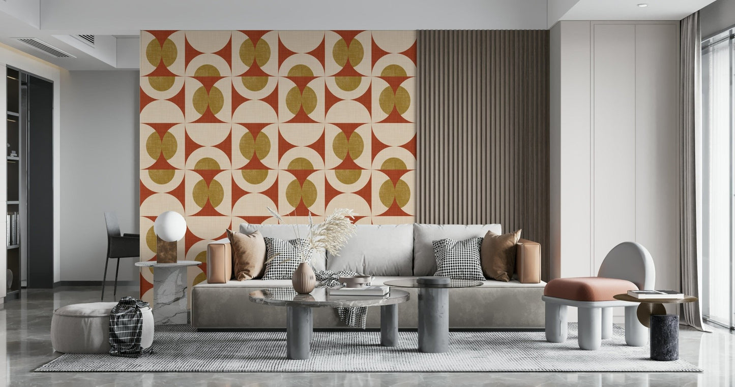 Peculiar geometric wallpaper old-gold curves, russet textile surface.