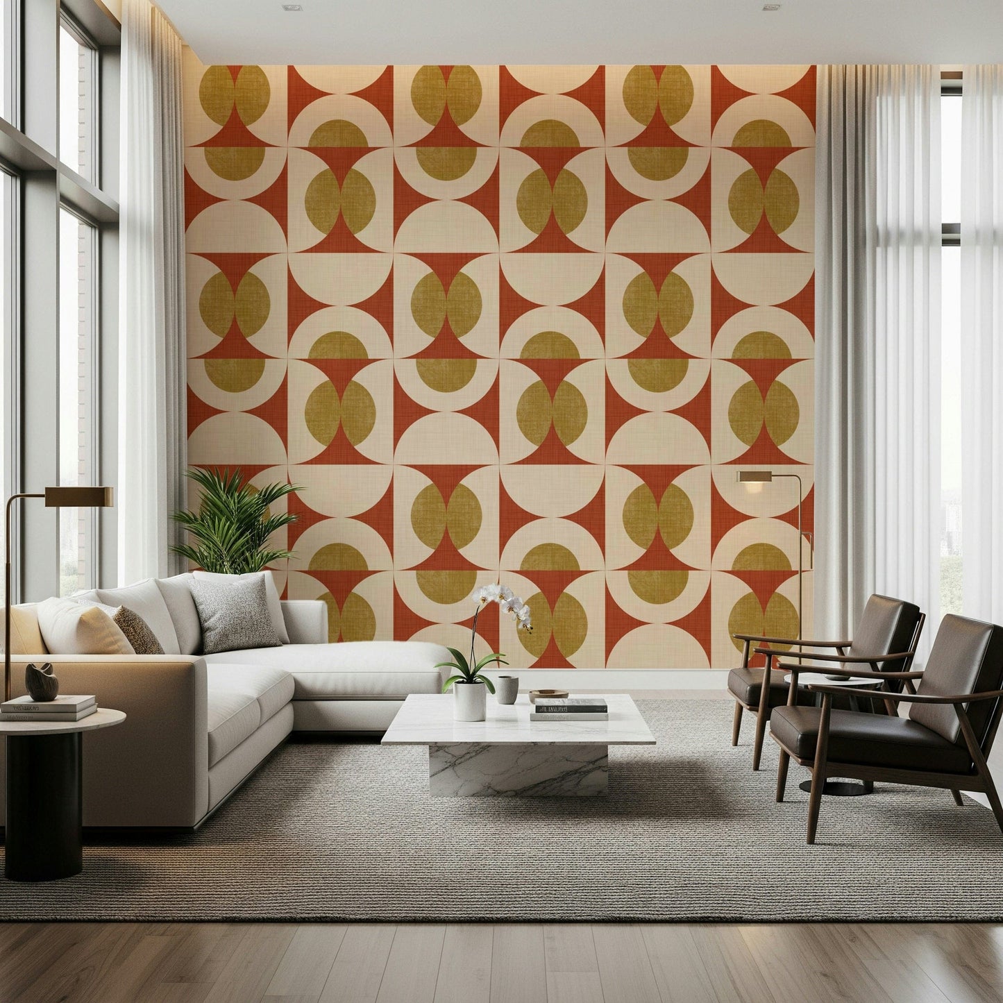 Zany Retro Arcs Wallpaper wall cladding: bronze lunettes, firebrick style.