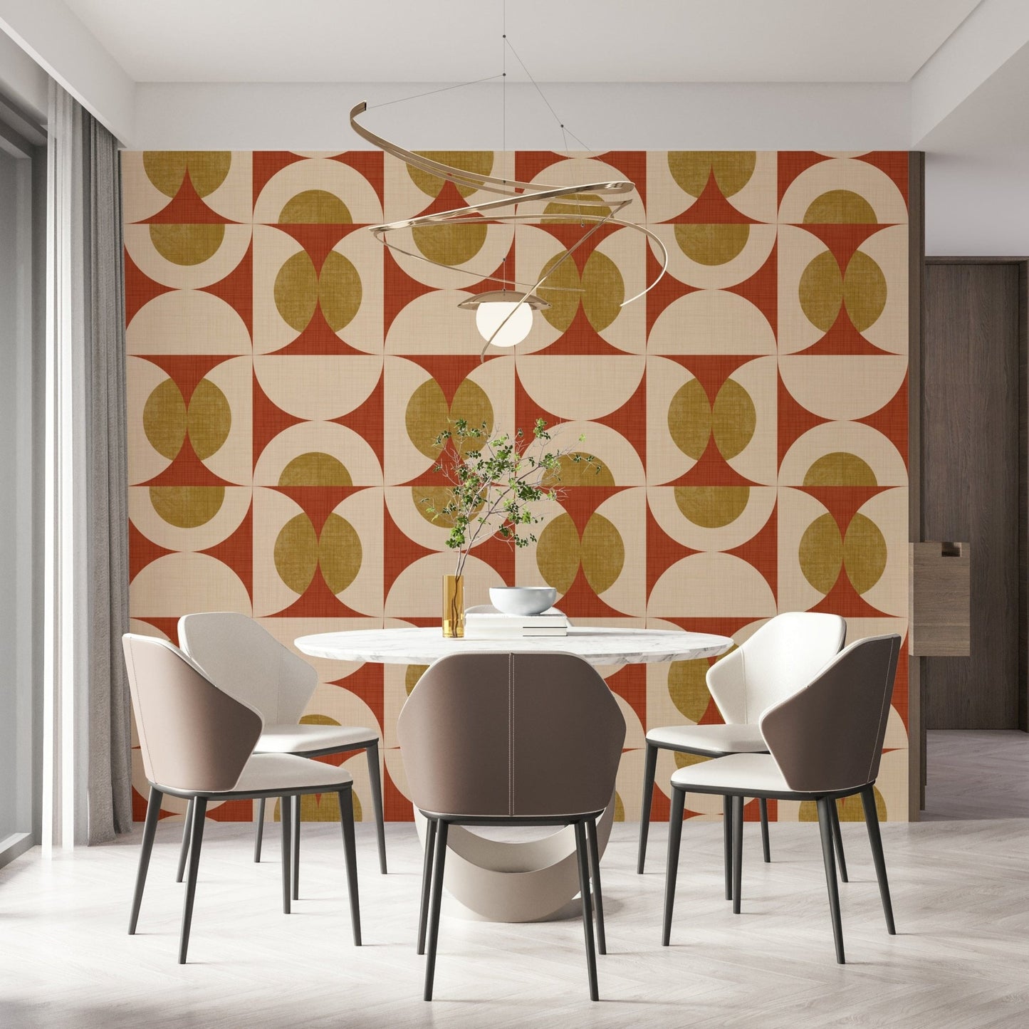 Kooky wallpaper mural clay tonality, mustard color, arcuate design.