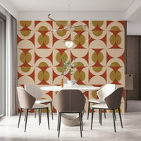 Kooky wallpaper mural clay tonality, mustard color, arcuate design.