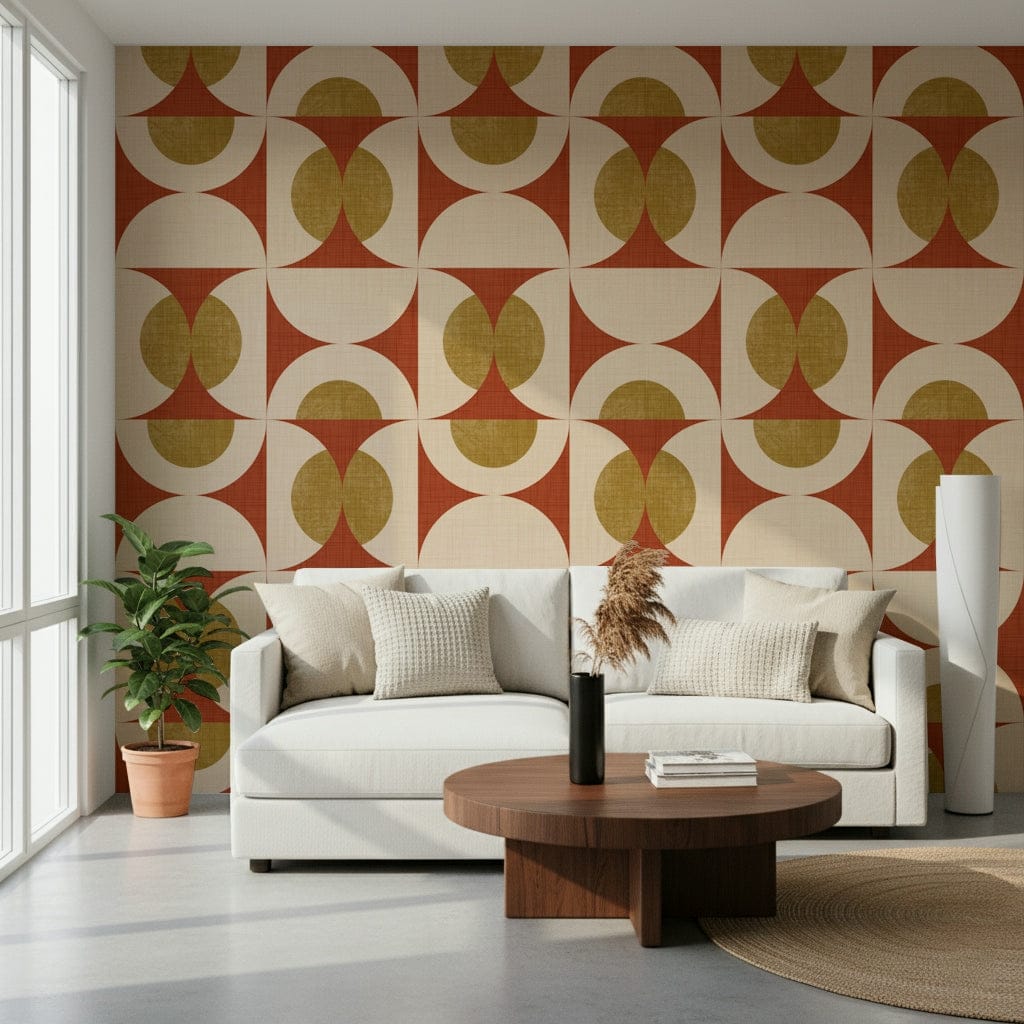 Droll Retro Arcs Wallpaper wall covering: fulvous half-moons, cinnabar repeat.