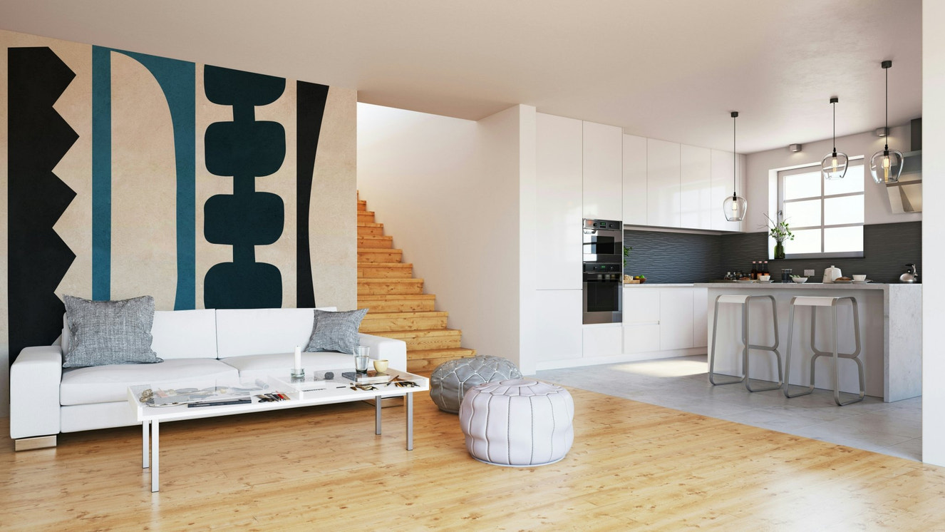 A wall mural with a retro, geometric design.

