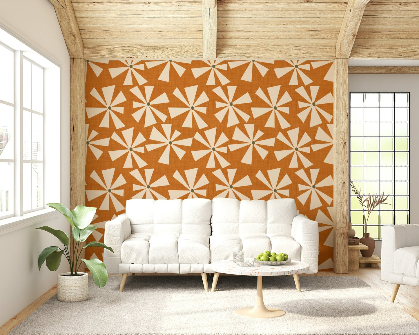 Retro Bloom Burst Wallpaper: Ephemeral orange and beige mid-century design.