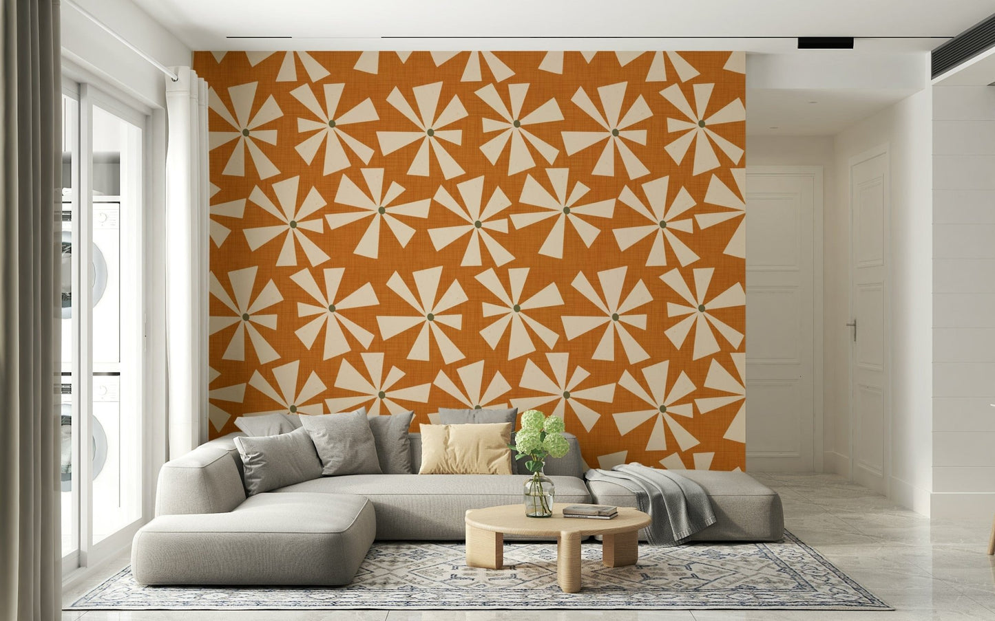 Retro Bloom Burst wall mural, featuring lackadaisical flower geometry.