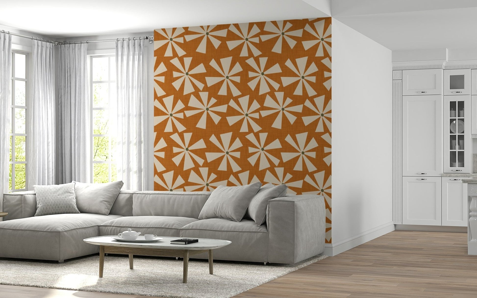 Obfuscate walls no more with Retro Bloom Burst Wallpaper design.