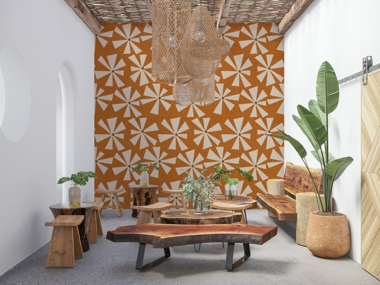 Sempiternal style: Retro Bloom Burst, a beige and orange mural.