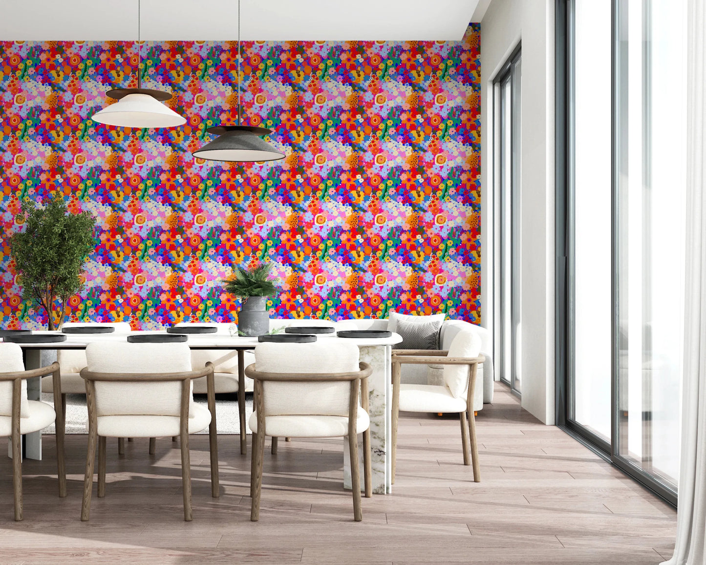 Dining area wall with Retro Bloom Flower Fruit Burst Wallpaper in colorful pattern, GD8822