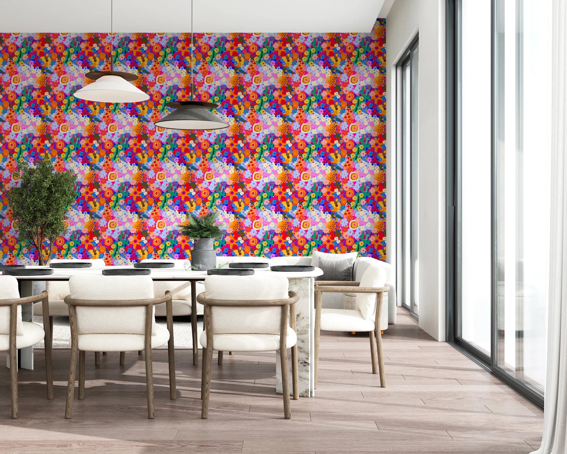 Dining area wall with Retro Bloom Flower Fruit Burst Wallpaper in colorful pattern, GD8822