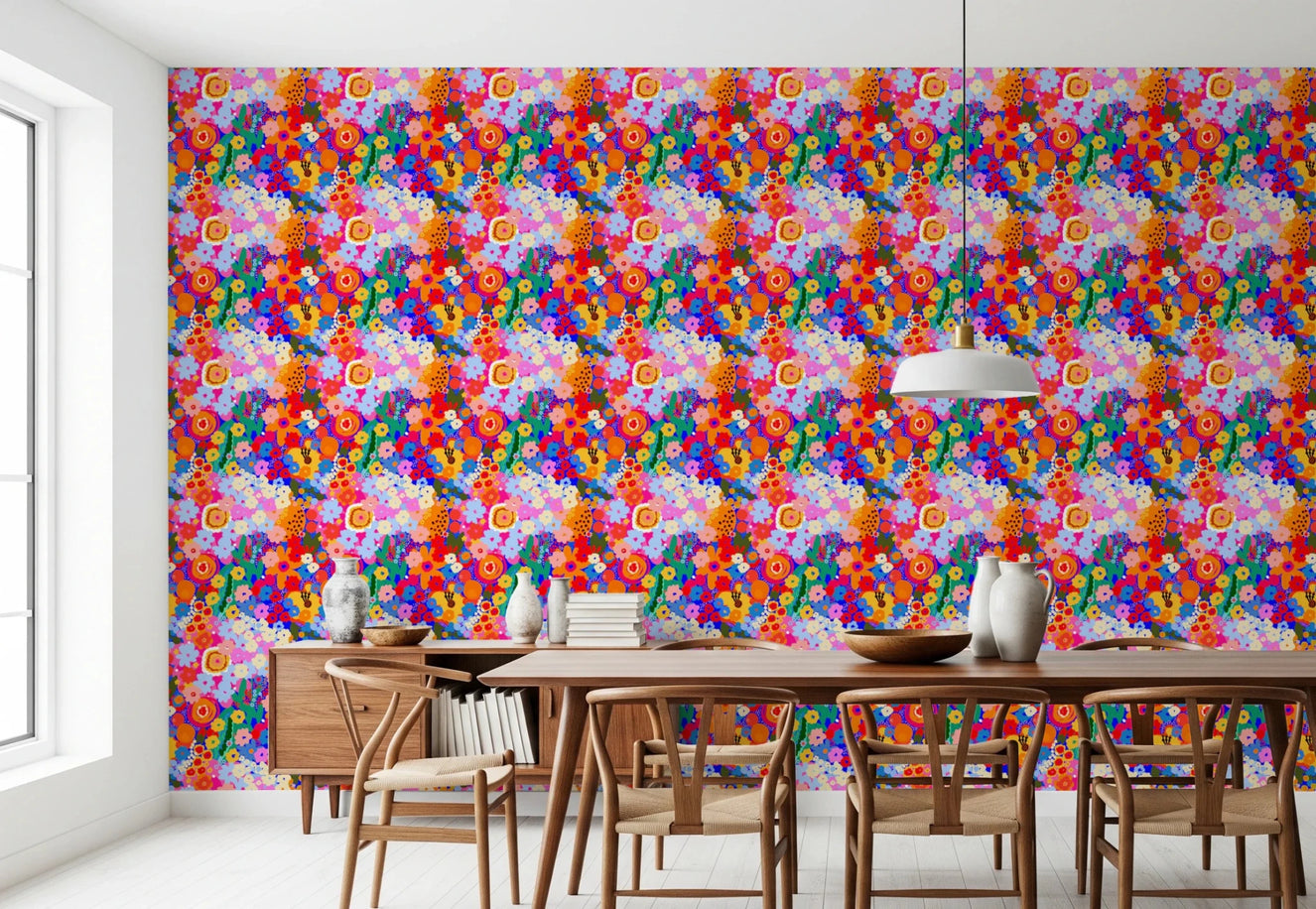 Dining room with Retro Bloom Flower Fruit Burst Wallpaper in bold floral color