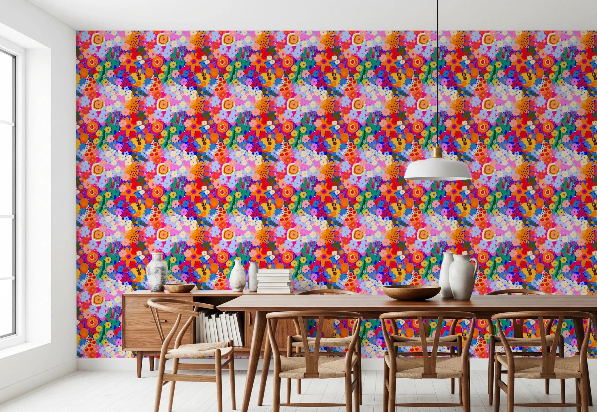 Dining room with Retro Bloom Flower Fruit Burst Wallpaper in bold floral color, GD8822