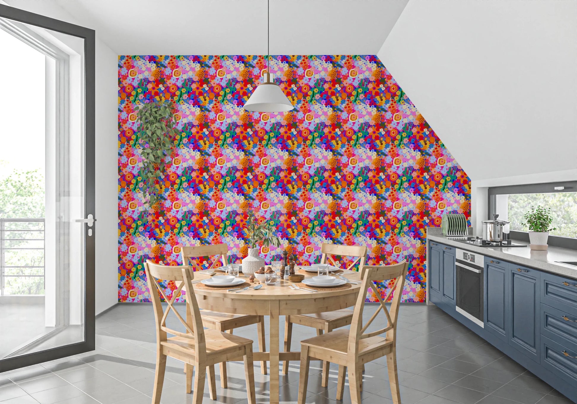 Dining room styled in Flower Fruit Burst Wallpaper with bright retro blossoms, GD8822
