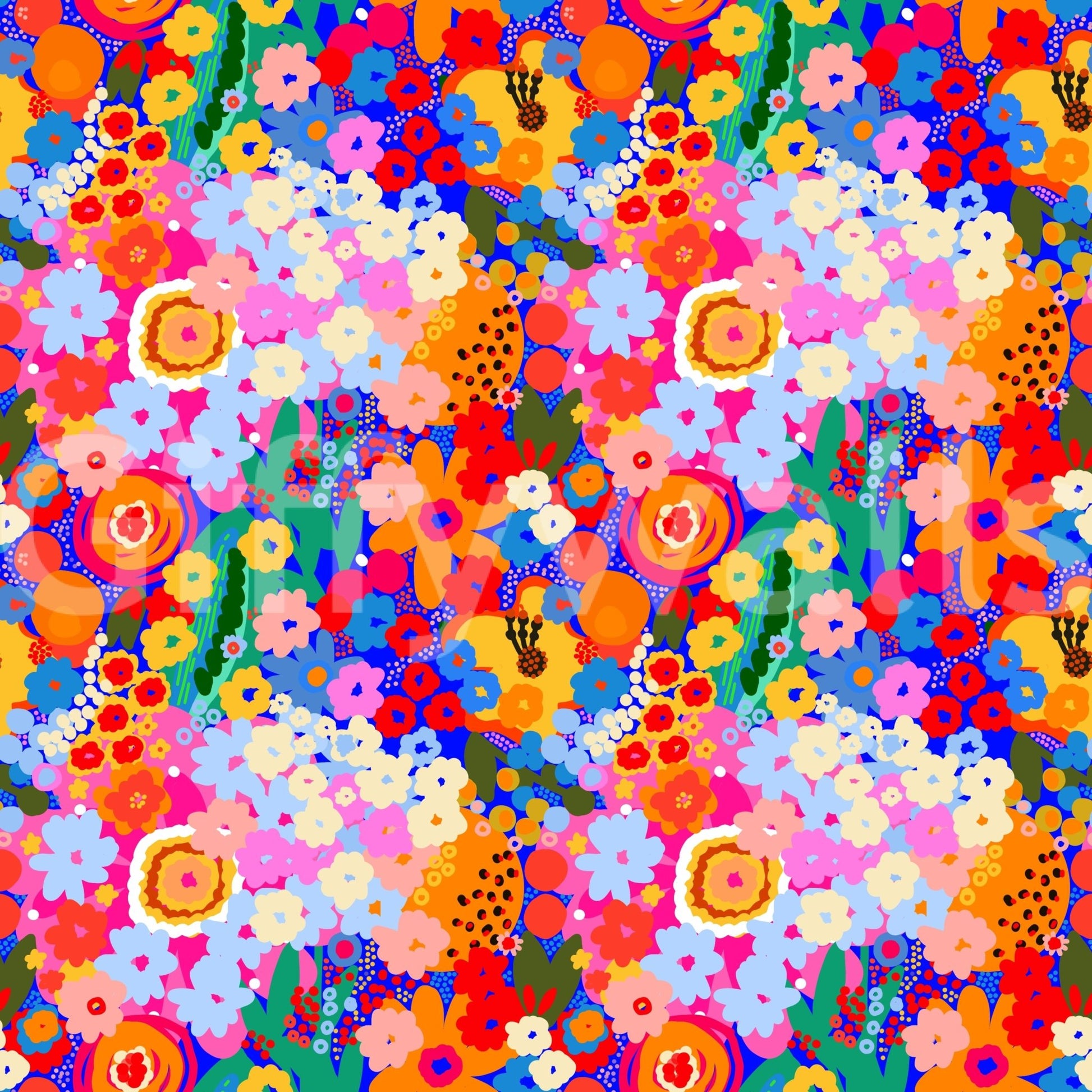 Retro Bloom Wallpaper with packed floral shapes and bright contrasting tones, GD8822
