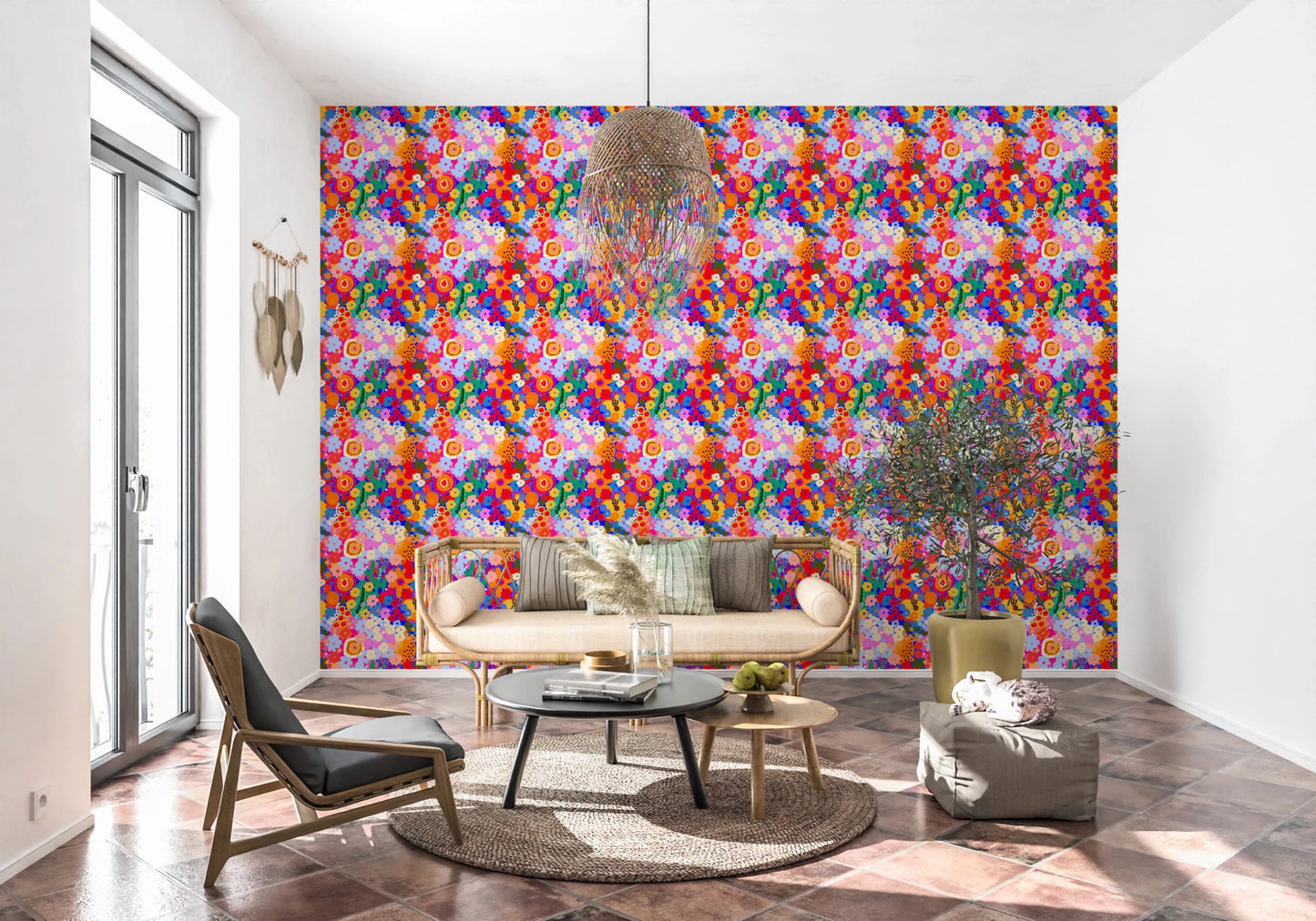 Retro Bloom Flower Wallpaper with pink, orange, and yellow floral clusters, GD8822