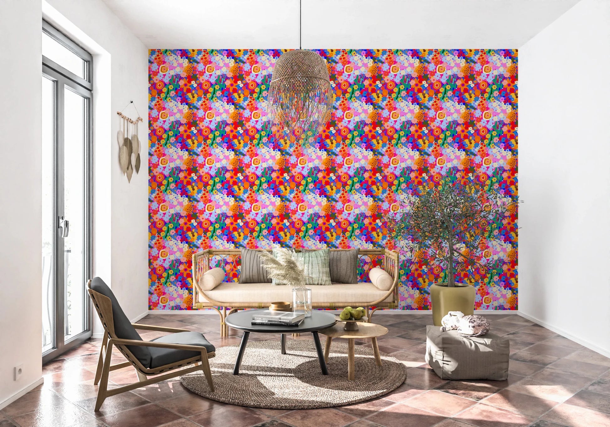 Retro Bloom Flower Wallpaper with pink, orange, and yellow floral clusters, GD8822