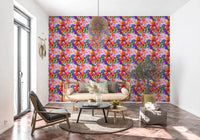 Retro Bloom Flower Wallpaper with pink, orange, and yellow floral clusters, GD8822