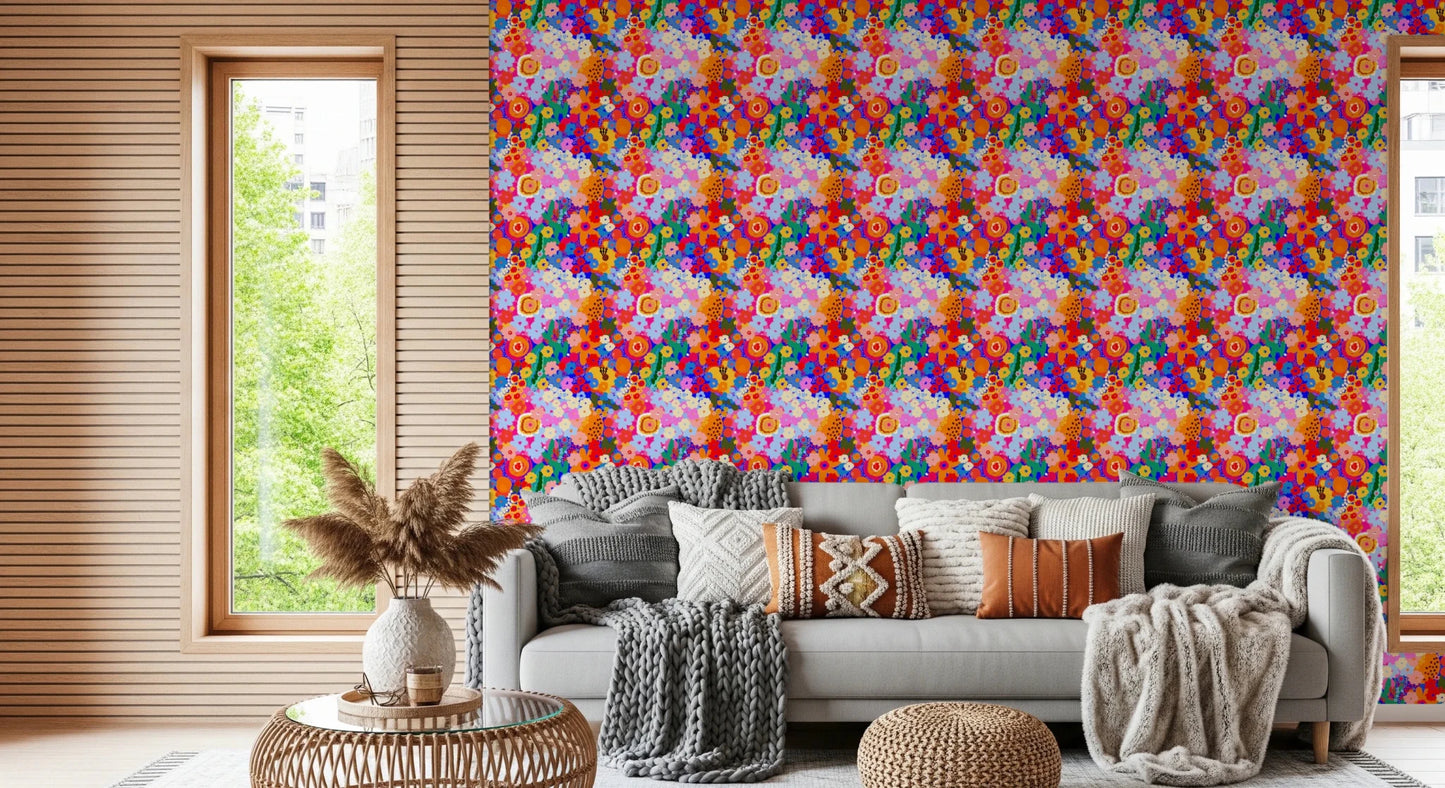 Retro Bloom Flower Fruit Burst Wallpaper with colorful botanical rhythm, GD8822