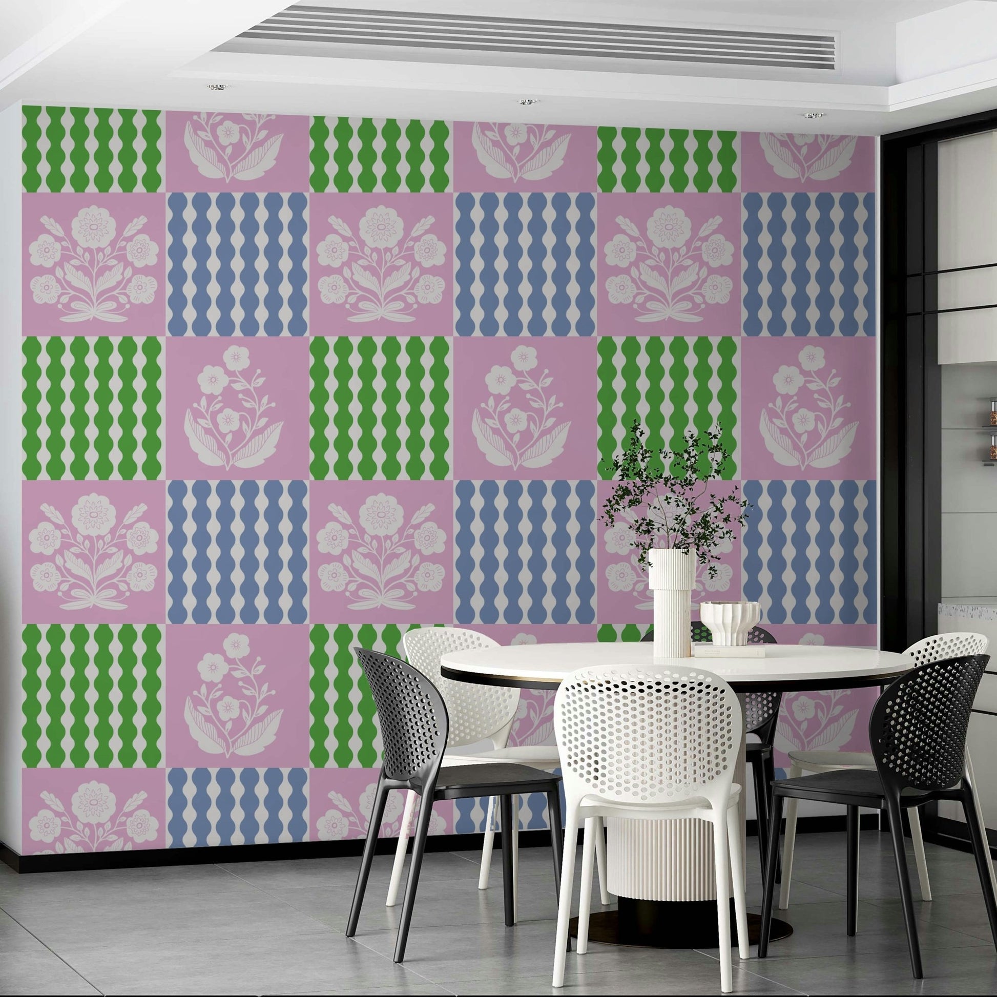 Handcrafted quilt aesthetic.

