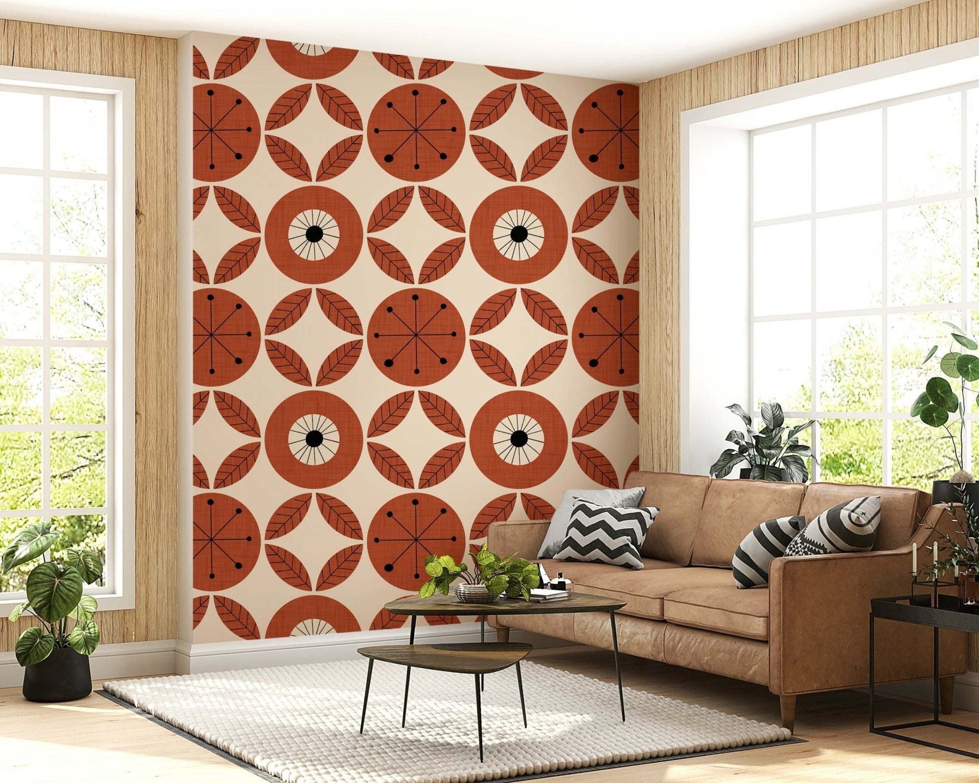 Stylish Retro Bloom wallpaper, quirky terracotta leaves pattern.