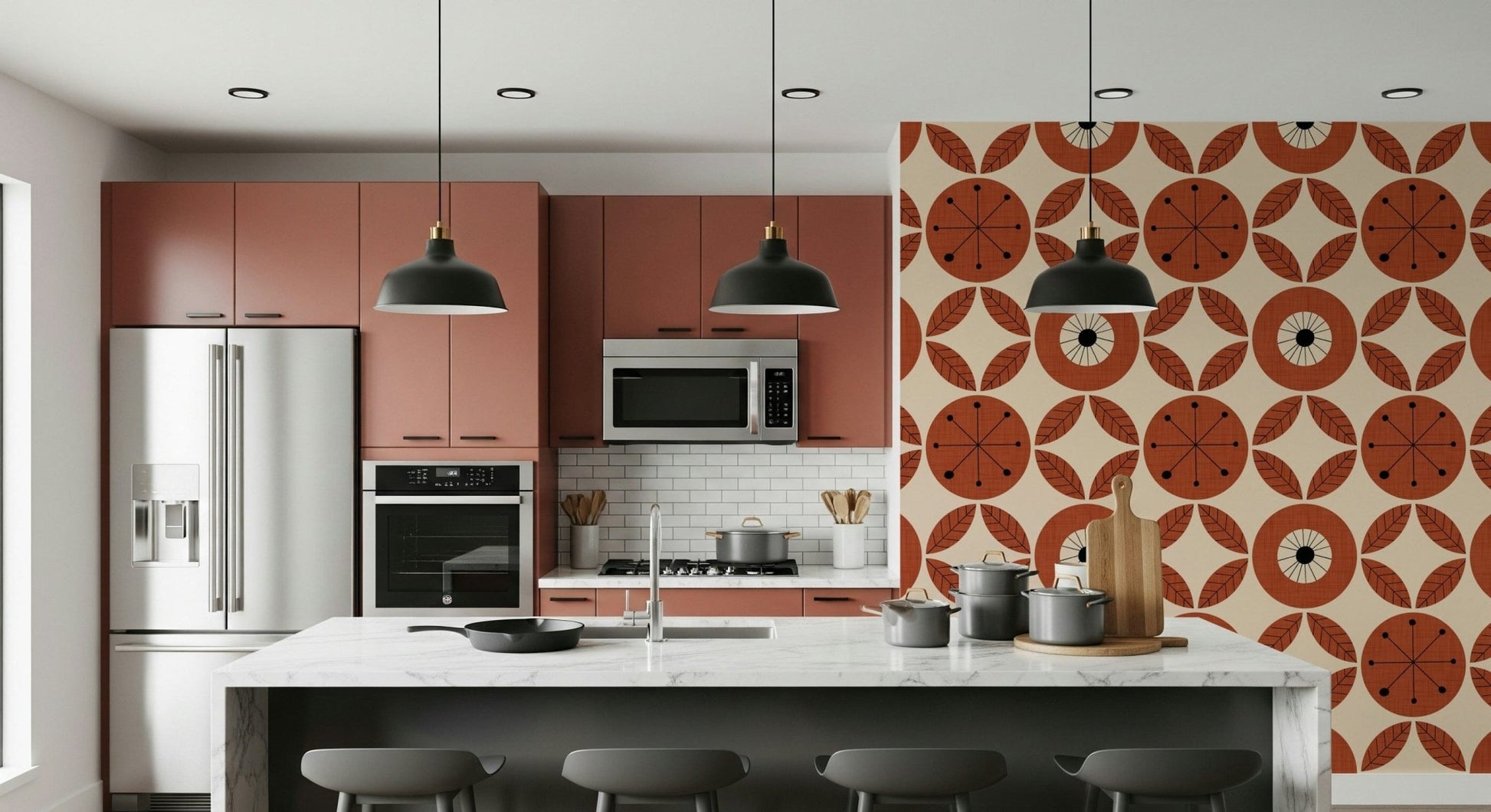 Mid-century Retro Bloom wallpaper, snazzy terracotta and cream.