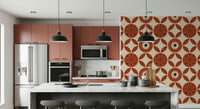 Mid-century Retro Bloom wallpaper, snazzy terracotta and cream.