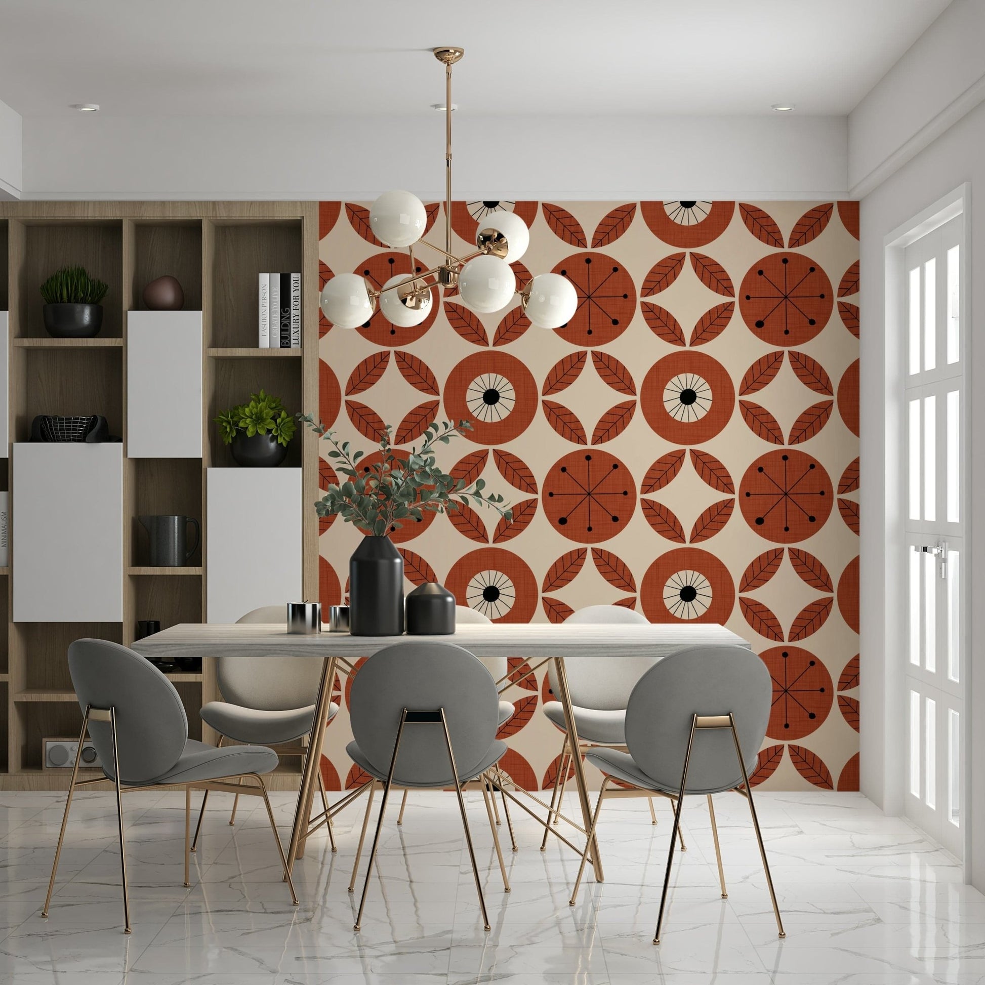 Zany Retro Bloom wallcovering, atomic geometric floral pattern.