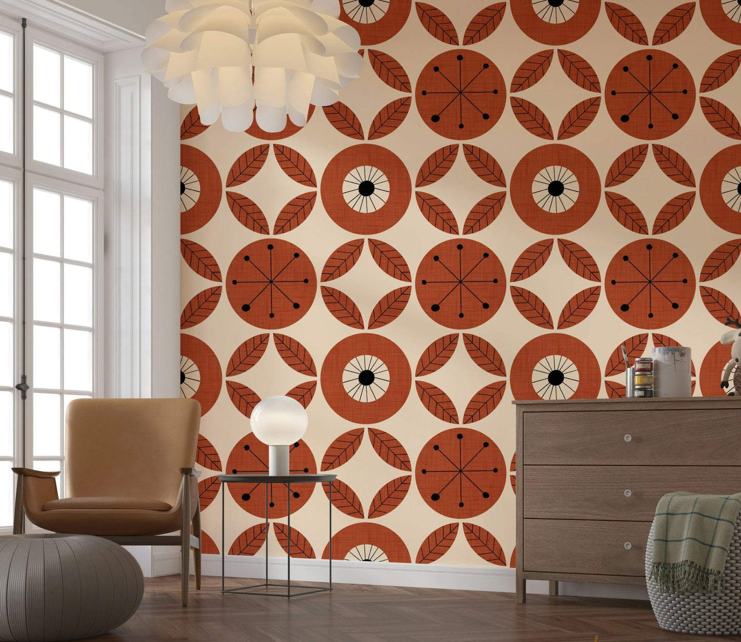 Graphic Retro Bloom wallpaper mural, jazzy retro accent wall.