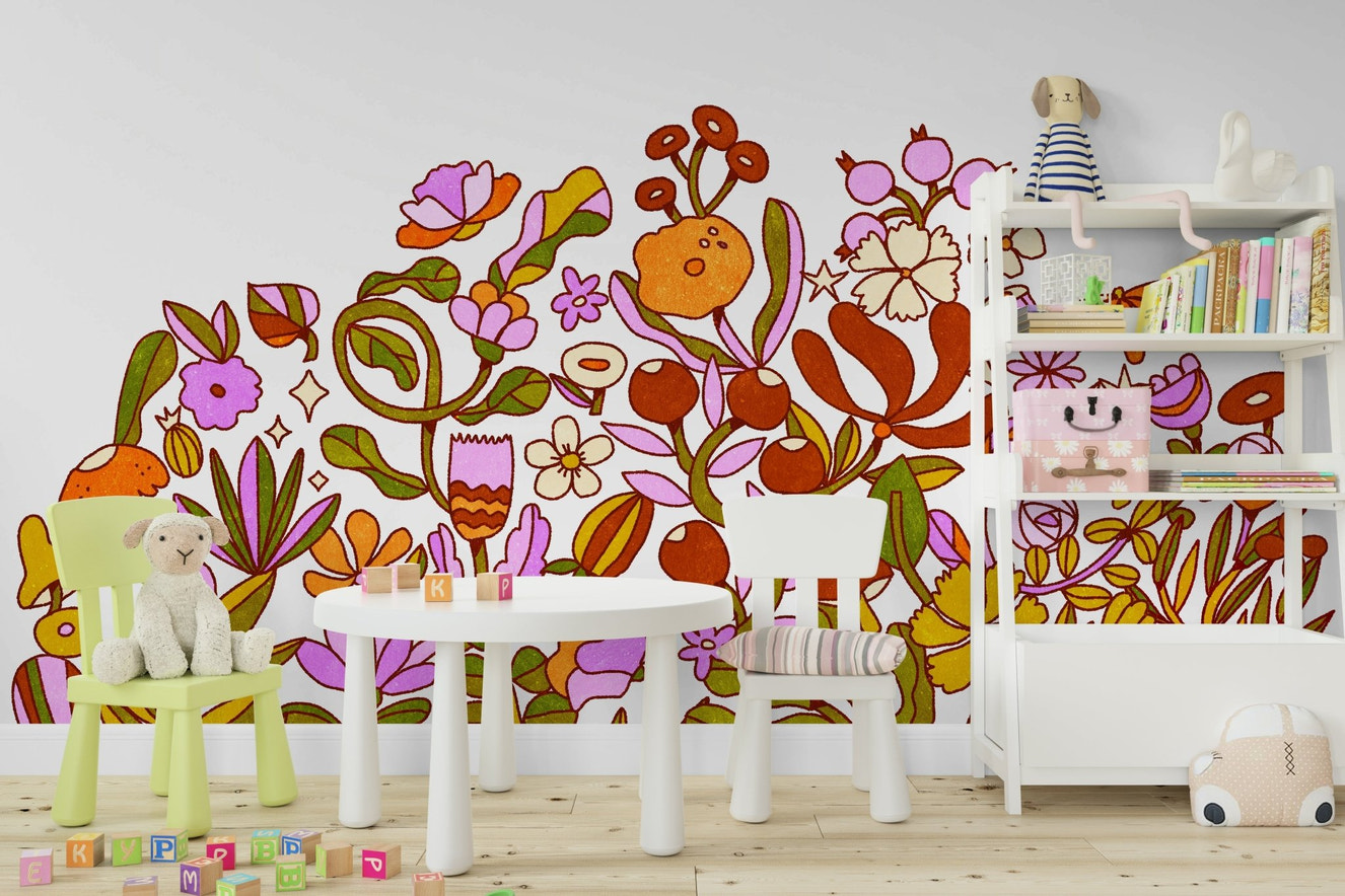 Retro Bloom floral wall mural with vintage style

