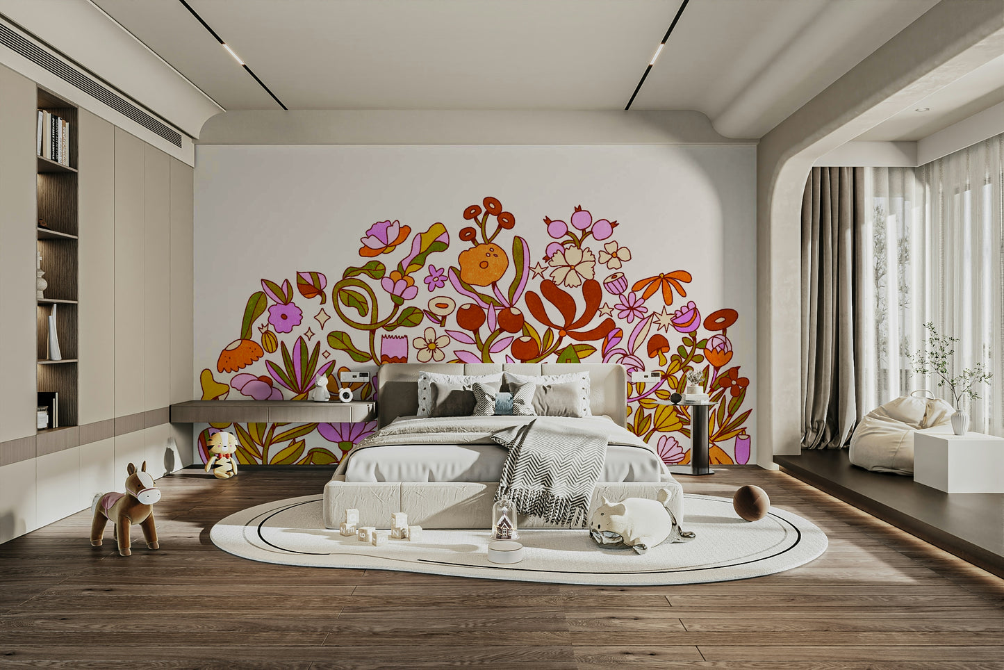 Retro Bloom wall mural in living room setting

