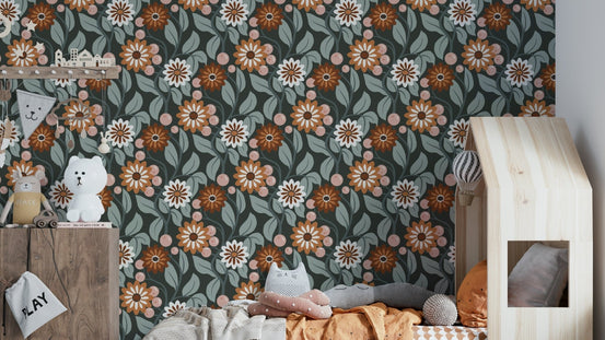 Retro Bloom Wallpaper with vibrant floral patterns GD605


