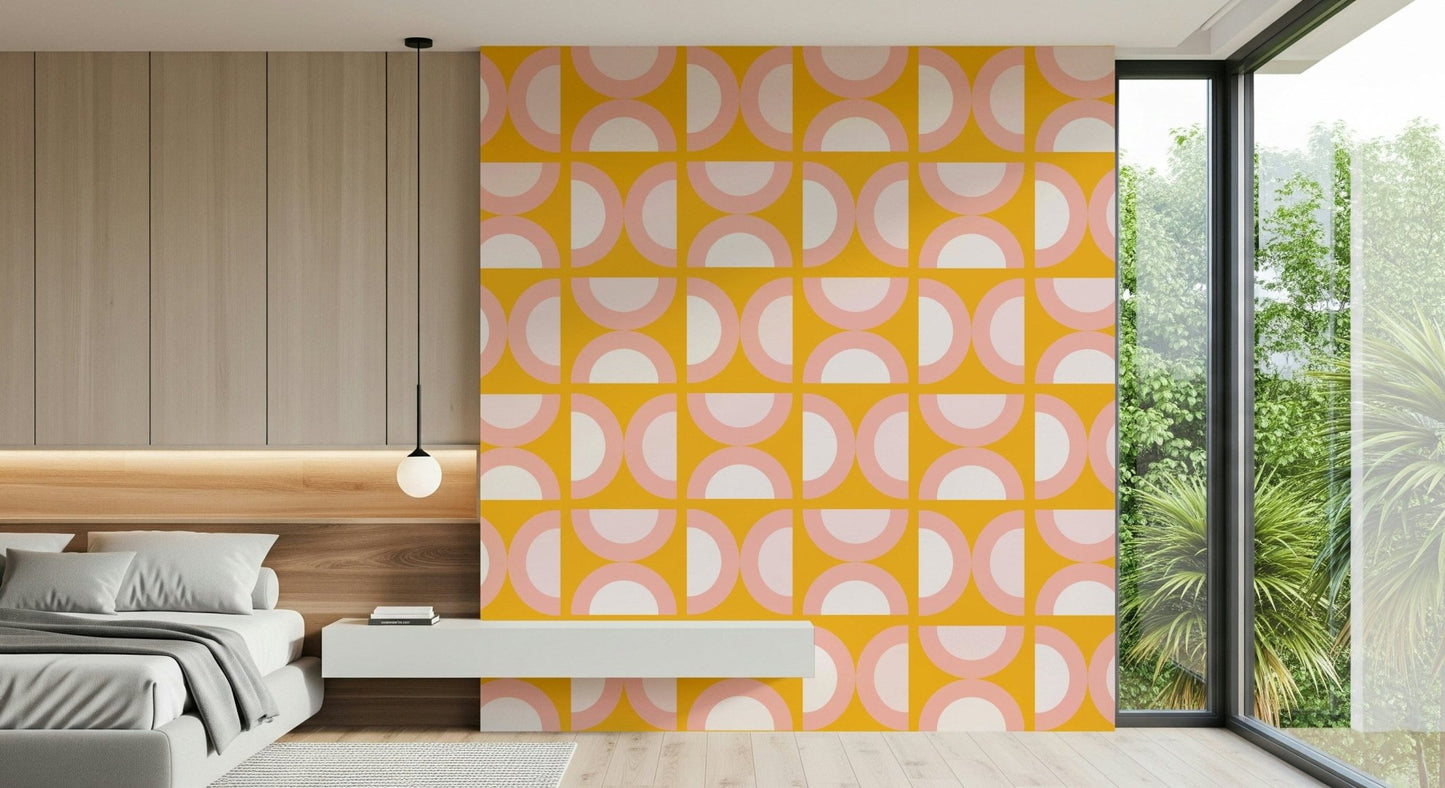 Stylish Retro Blush Arcs wallcovering groovy aesthetic pink curves.