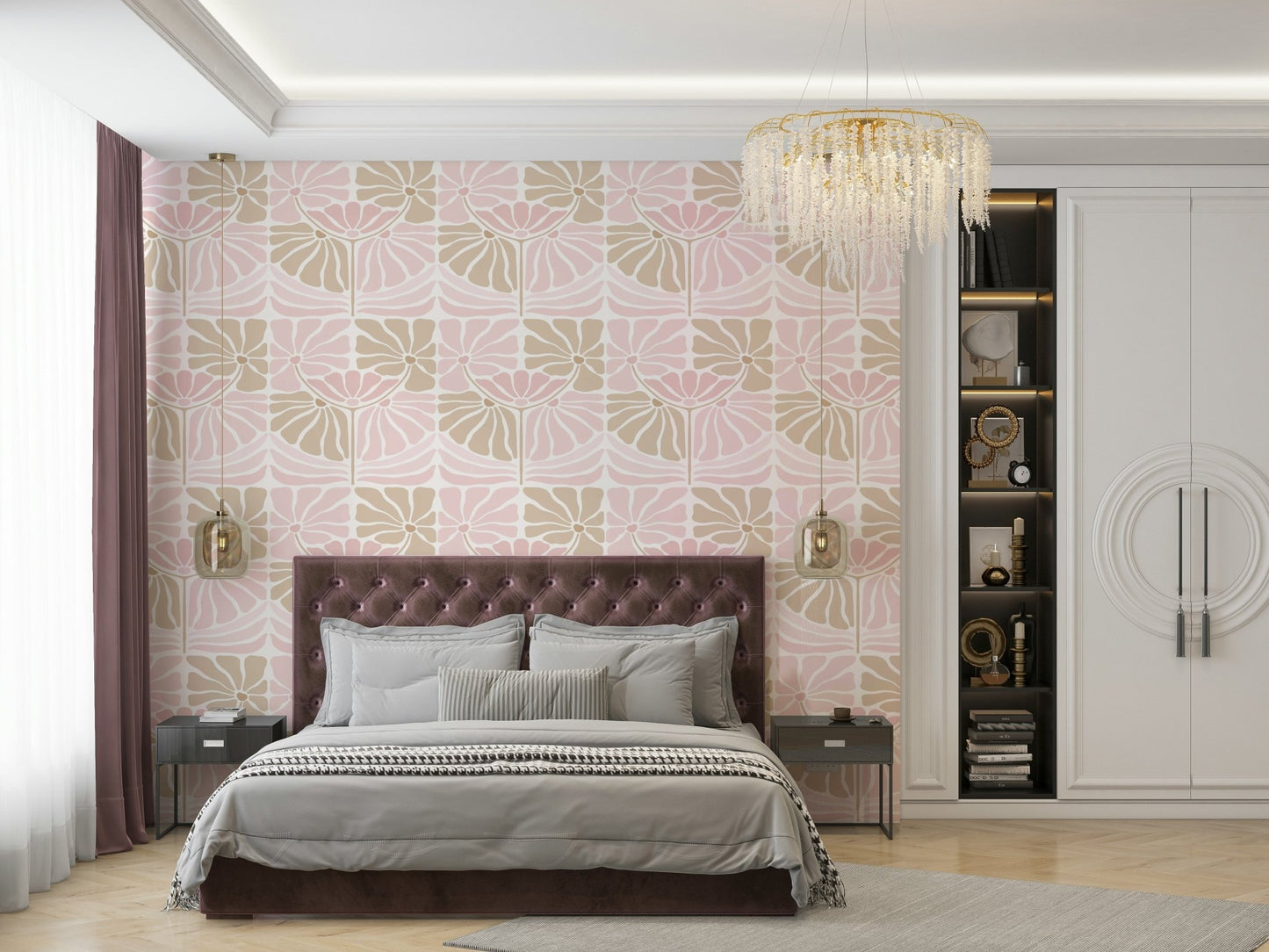 Romantic blush wallpaper with blooming flowers

