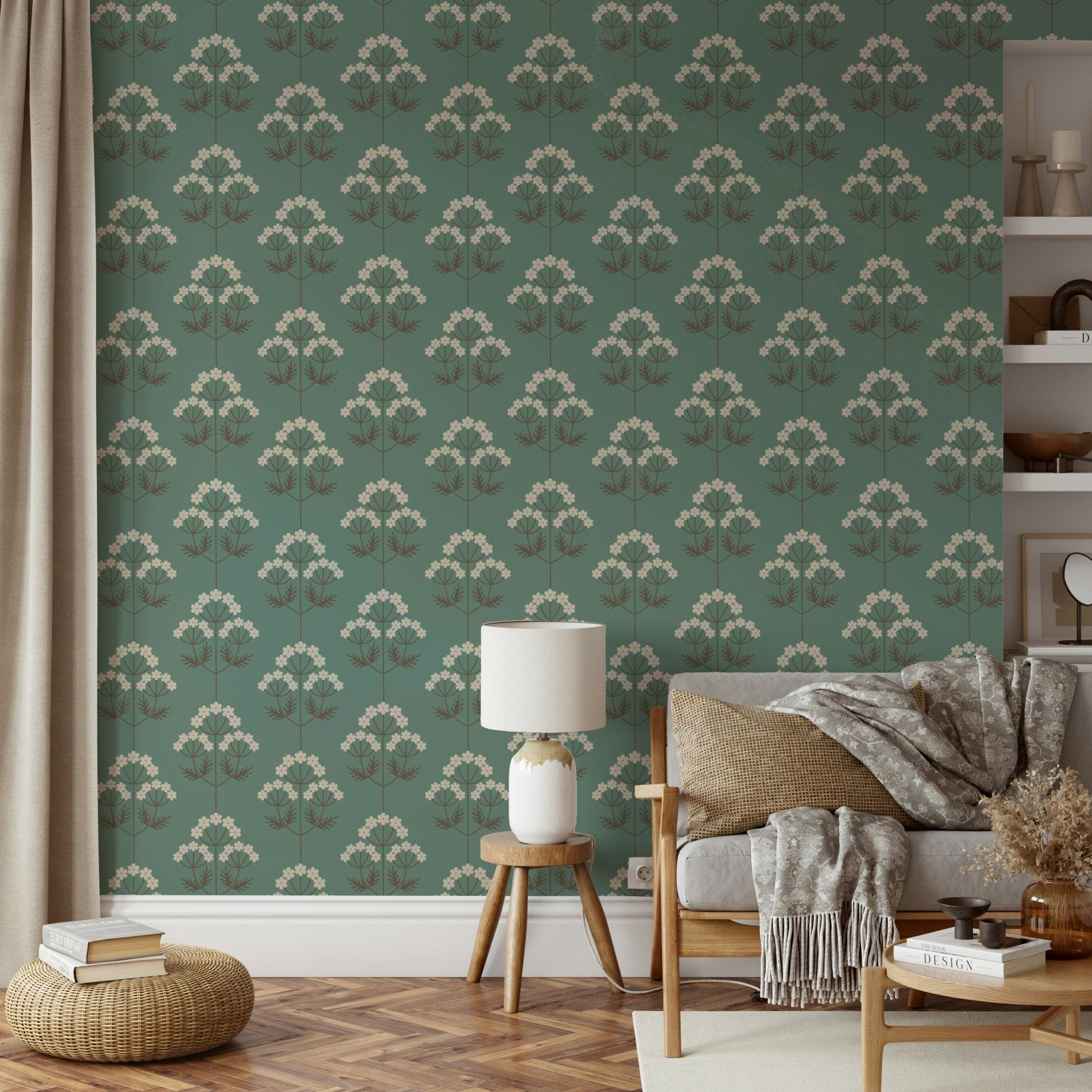 A bright and happy floral wallpaper mural that defines a space.

