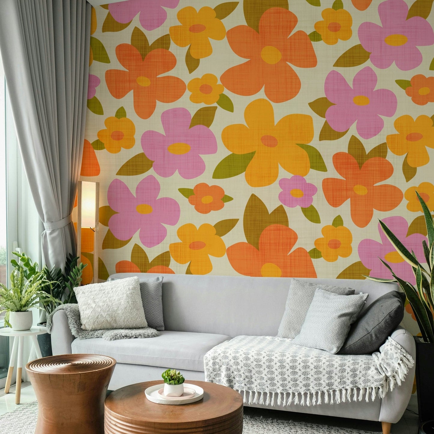 Retro Bright Flowers in Orange Pink Yellow