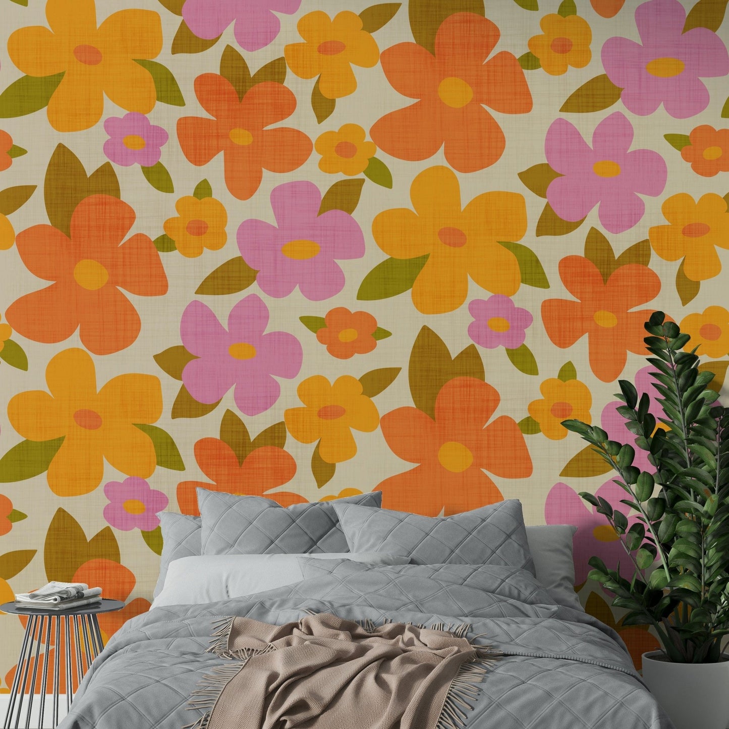 Retro Bright Flowers in Orange Pink Yellow