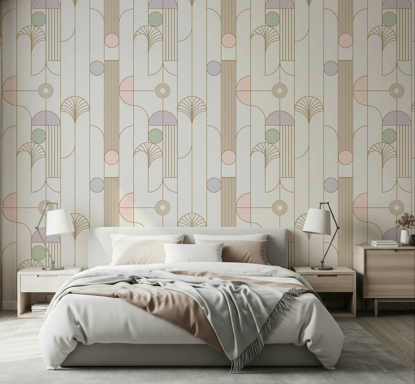 Teal and gold geometric wallpaper for a sophisticated feature wall.