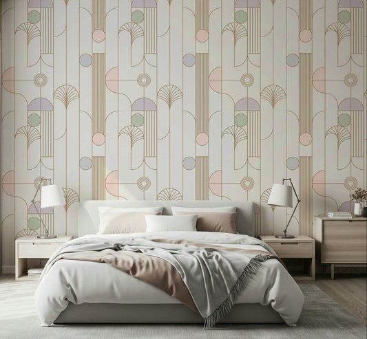 Teal and gold geometric wallpaper for a sophisticated feature wall.